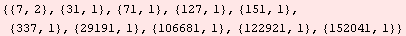 {{7, 2}, {31, 1}, {71, 1}, {127, 1}, {151, 1}, {337, 1}, {29191, 1}, {106681, 1}, {122921, 1}, {152041, 1}}