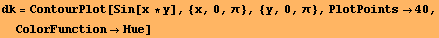 dk = ContourPlot[Sin[x * y], {x, 0, π}, {y, 0, π}, PlotPoints40, ColorFunctionHue]