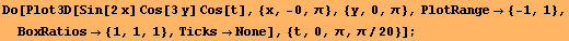 Do[Plot3D[Sin[2 x] Cos[3 y] Cos[t], {x, -0, π}, {y, 0, π}, PlotRange {-1, 1}, BoxRatios {1, 1, 1}, TicksNone], {t, 0, π, π/20}] ;