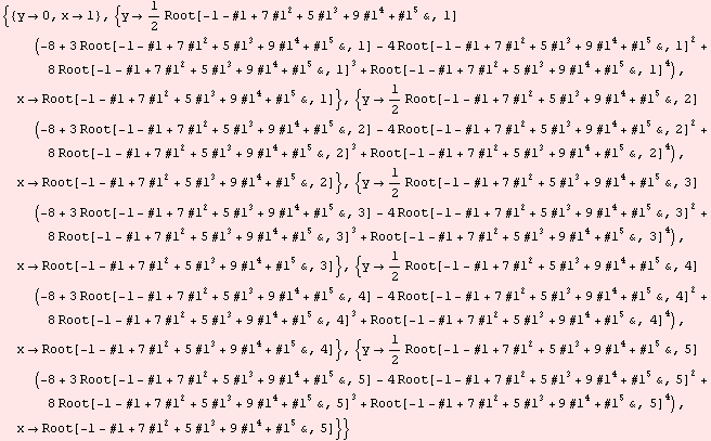 {{y0, x1}, {y1/2 Root[-1 - #1 + 7 #1^2 + 5 #1^3 + 9 #1^4 + #1^5&,  ... ^3 + 9 #1^4 + #1^5&, 5]^4), xRoot[-1 - #1 + 7 #1^2 + 5 #1^3 + 9 #1^4 + #1^5&, 5]}}