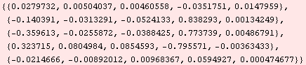 RowBox[{{, RowBox[{RowBox[{{, RowBox[{0.0279732, ,, 0.00504037, ,, 0.00460558, ,, RowBox[{-, 0 ... 0.0214666}], ,, RowBox[{-, 0.00892012}], ,, 0.00968367, ,, 0.0594927, ,, 0.000474677}], }}]}], }}]