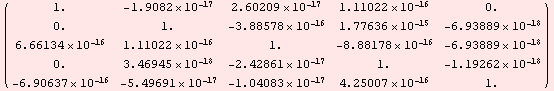 ( 0.9999999999999999`         -1.9081958235744878`*^-17   2.6020852139652106`*^-17     ... 3`*^-16    -5.4969050145015075`*^-17   -1.0408340855860843`*^-17   4.2500725161431774`*^-16    1.`