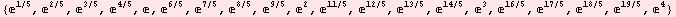 {^(1/5), ^(2/5), ^(3/5), ^(4/5), , ^(6/5),  ... 14/5), ^3, ^(16/5), ^(17/5), ^(18/5), ^(19/5), ^4}