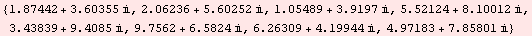 RowBox[{{, RowBox[{RowBox[{RowBox[{1.87442, }], +, RowBox[{3.60355,  , }]}], , ... , }]}], ,, RowBox[{RowBox[{4.97183, }], +, RowBox[{7.85801,  , }]}]}], }}]