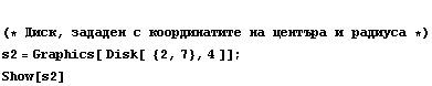  (* Диск, зададен ... x0438;уса *)  s2 = Graphics[ Disk[&nbsp;&nbsp; {2, 7}, 4 ]] ; <br /> Show[s2]