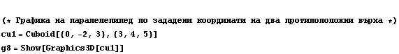 (* Графика на па ... рха *)  cu1 = Cuboid[{0, -2, 3}, {3, 4, 5}] <br /> g8 = Show[Graphics3D[cu1]]
