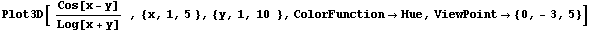 Plot3D[ Cos[x - y]/Log[x + y] &nbsp;&nbsp;, {x, 1, 5 }, {y, 1, 10 &nbsp;&nbsp;}, ColorFunction -> Hue, ViewPoint -> {0, - 3, 5}]