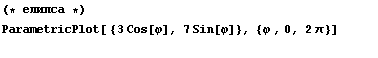(* елипса *)  ParametricPlot[ {3 Cos[&phi;], 7 Sin[&phi;]}, {&phi; , 0, 2 &pi;}] &nbsp;&nbsp;&nbsp;&nbsp;&nbsp;&nbsp;&nbsp;&nbsp;&nbsp;&nbsp;&nbsp; 