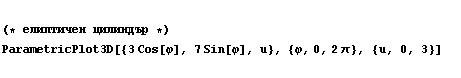  (* елиптичен ци& ... ametricPlot3D[{3 Cos[&phi;], 7 Sin[&phi;], u}, {&phi;, 0, 2 &pi;}, {u, 0, 3}] &nbsp;&nbsp;&nbsp;  